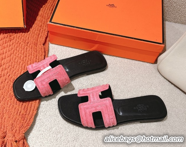 Best Price Hermes Classic Oran Flat Slides Sandal in Suede and Strass Pink 0606184