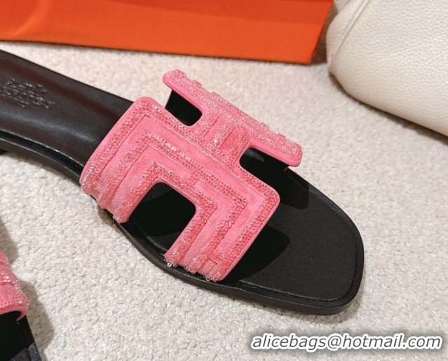 Best Price Hermes Classic Oran Flat Slides Sandal in Suede and Strass Pink 0606184