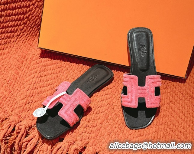 Best Price Hermes Classic Oran Flat Slides Sandal in Suede and Strass Pink 0606184