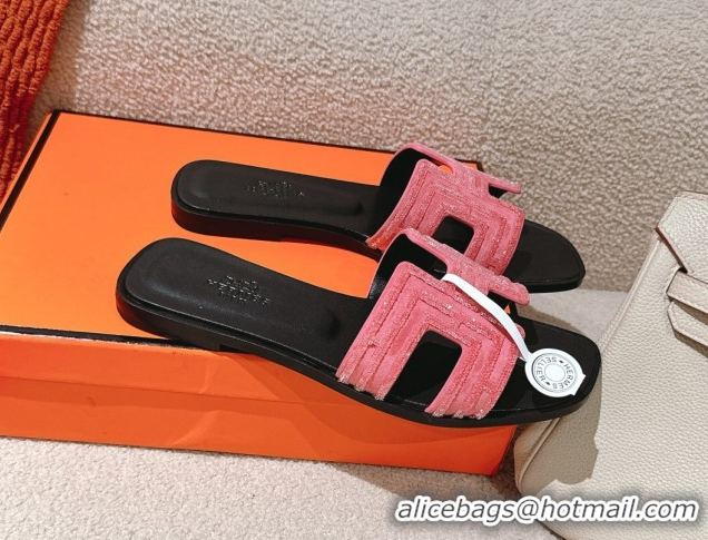 Best Price Hermes Classic Oran Flat Slides Sandal in Suede and Strass Pink 0606184