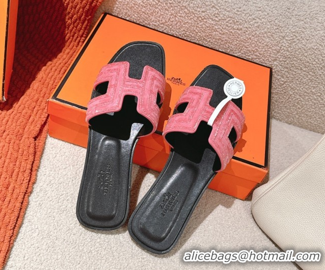 Best Price Hermes Classic Oran Flat Slides Sandal in Suede and Strass Pink 0606184