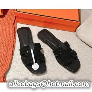 Cheap Price Hermes Classic Oran Flat Slides Sandal in Suede and Strass All Black 0606185