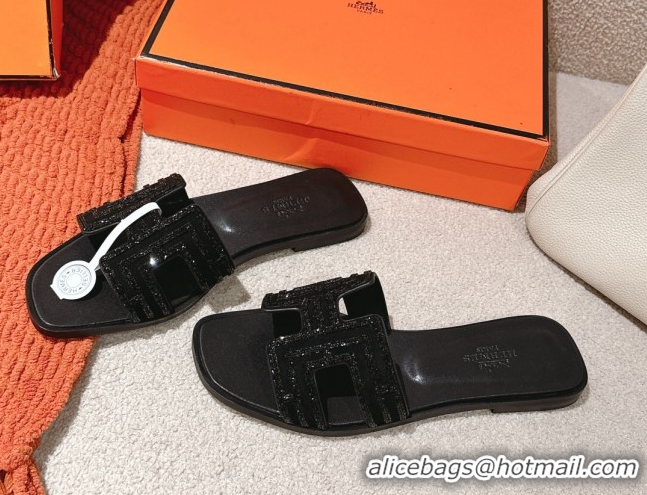 Cheap Price Hermes Classic Oran Flat Slides Sandal in Suede and Strass All Black 0606185