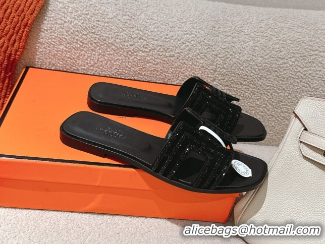 Cheap Price Hermes Classic Oran Flat Slides Sandal in Suede and Strass All Black 0606185