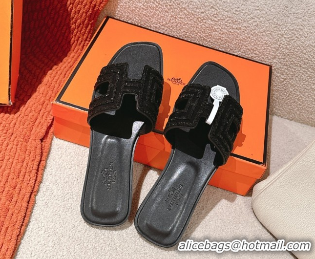 Cheap Price Hermes Classic Oran Flat Slides Sandal in Suede and Strass All Black 0606185