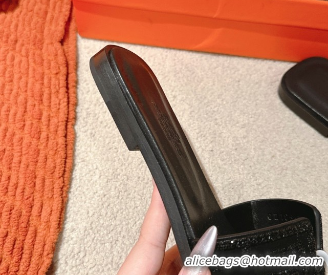 Cheap Price Hermes Classic Oran Flat Slides Sandal in Suede and Strass All Black 0606185