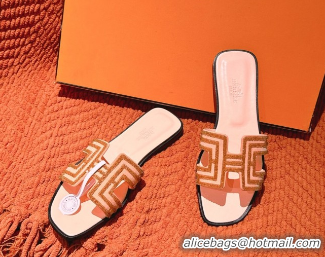 Classic Hot Hermes Classic Oran Flat Slides Sandal in Suede and Strass Beige 0606186