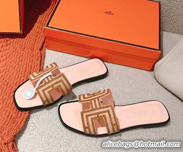 Classic Hot Hermes Classic Oran Flat Slides Sandal in Suede and Strass Beige 0606186
