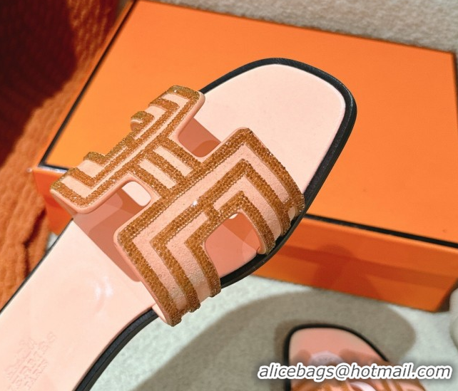 Classic Hot Hermes Classic Oran Flat Slides Sandal in Suede and Strass Beige 0606186