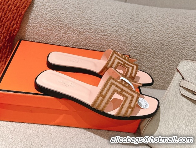 Classic Hot Hermes Classic Oran Flat Slides Sandal in Suede and Strass Beige 0606186