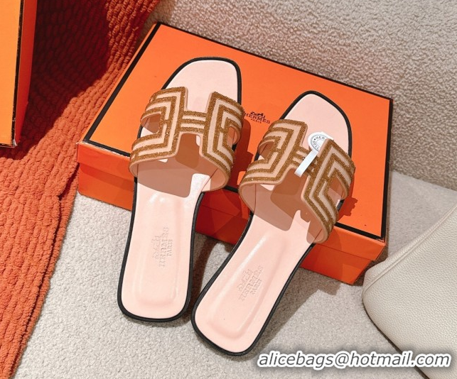 Classic Hot Hermes Classic Oran Flat Slides Sandal in Suede and Strass Beige 0606186