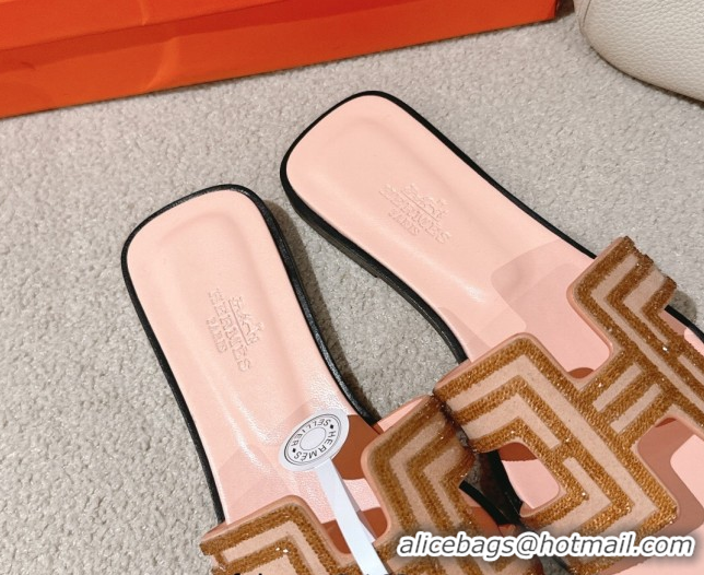 Classic Hot Hermes Classic Oran Flat Slides Sandal in Suede and Strass Beige 0606186