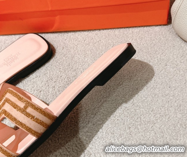 Classic Hot Hermes Classic Oran Flat Slides Sandal in Suede and Strass Beige 0606186