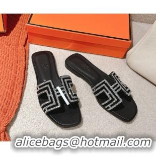 Duplicate Hermes Classic Oran Flat Slides Sandal in Suede and Strass Black/Silver 0606187