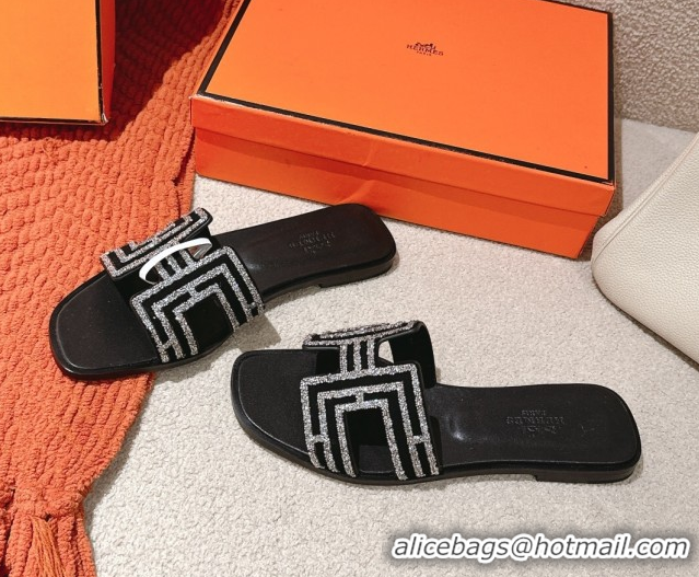 Duplicate Hermes Classic Oran Flat Slides Sandal in Suede and Strass Black/Silver 0606187