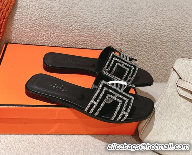 Duplicate Hermes Classic Oran Flat Slides Sandal in Suede and Strass Black/Silver 0606187