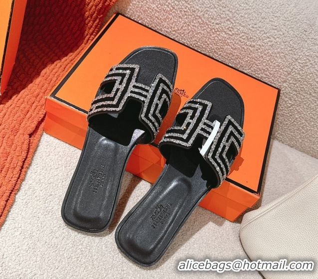 Duplicate Hermes Classic Oran Flat Slides Sandal in Suede and Strass Black/Silver 0606187