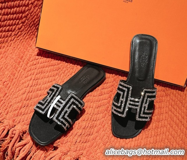 Duplicate Hermes Classic Oran Flat Slides Sandal in Suede and Strass Black/Silver 0606187