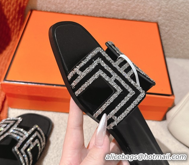 Duplicate Hermes Classic Oran Flat Slides Sandal in Suede and Strass Black/Silver 0606187