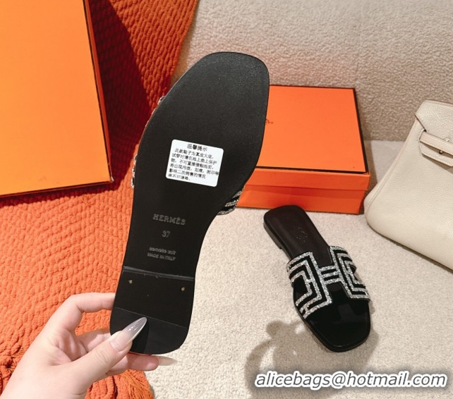 Duplicate Hermes Classic Oran Flat Slides Sandal in Suede and Strass Black/Silver 0606187