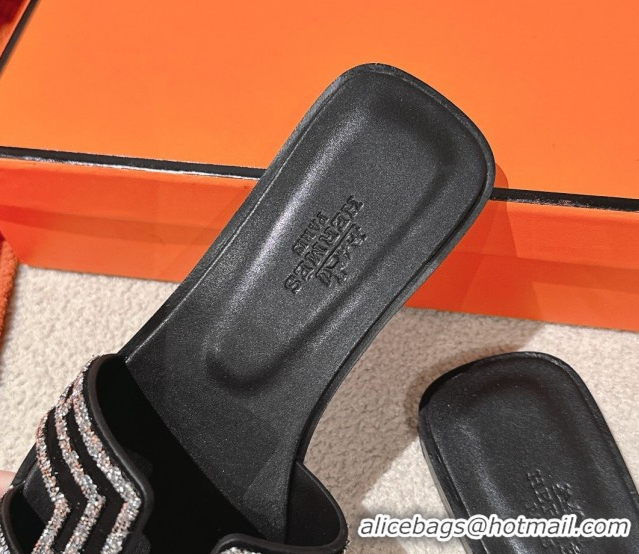 Duplicate Hermes Classic Oran Flat Slides Sandal in Suede and Strass Black/Silver 0606187