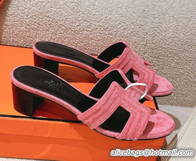 Stylish Hermes Classic Oasis Heel Slides Sandal 5cm in Suede and Strass Pink2 0606188