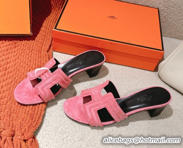 Stylish Hermes Classic Oasis Heel Slides Sandal 5cm in Suede and Strass Pink2 0606188