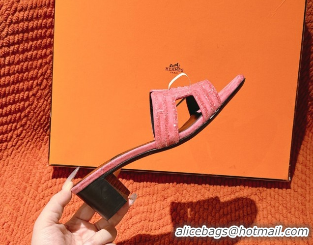 Stylish Hermes Classic Oasis Heel Slides Sandal 5cm in Suede and Strass Pink2 0606188