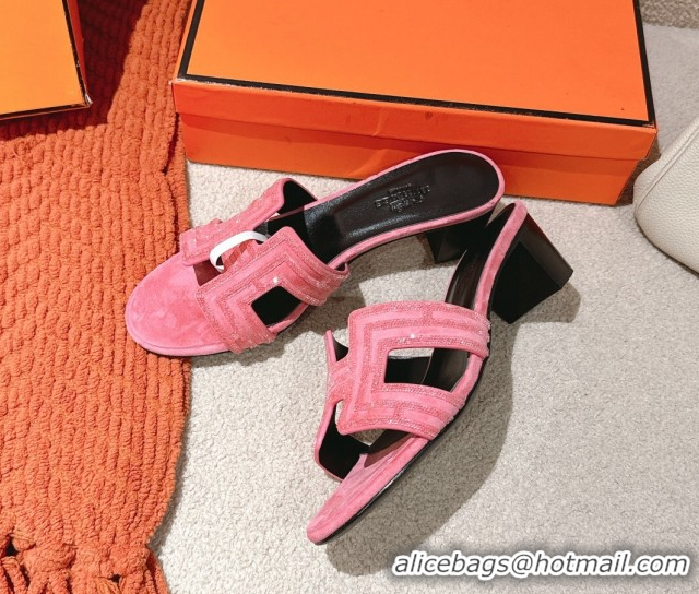 Stylish Hermes Classic Oasis Heel Slides Sandal 5cm in Suede and Strass Pink2 0606188