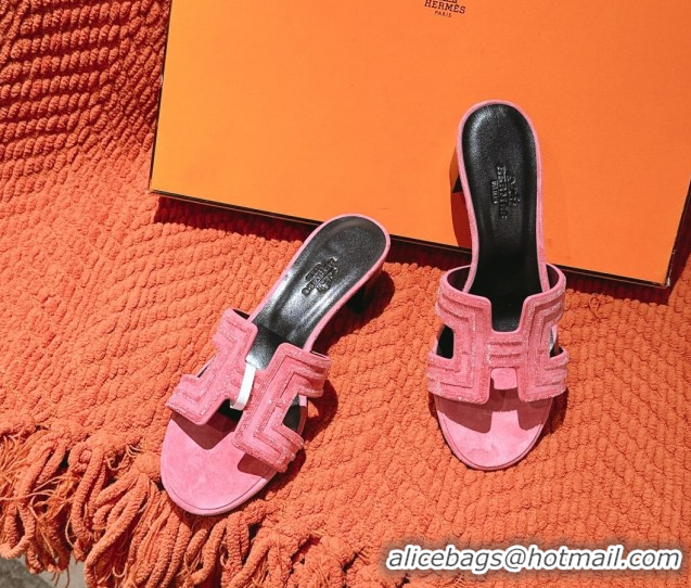 Stylish Hermes Classic Oasis Heel Slides Sandal 5cm in Suede and Strass Pink2 0606188