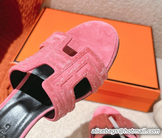 Stylish Hermes Classic Oasis Heel Slides Sandal 5cm in Suede and Strass Pink2 0606188