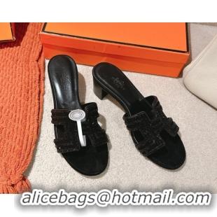 Top Design Hermes Classic Oasis Heel Slides Sandal 5cm in Suede and Strass All Black 0606189