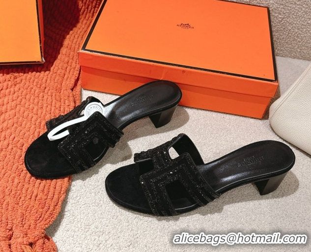 Top Design Hermes Classic Oasis Heel Slides Sandal 5cm in Suede and Strass All Black 0606189