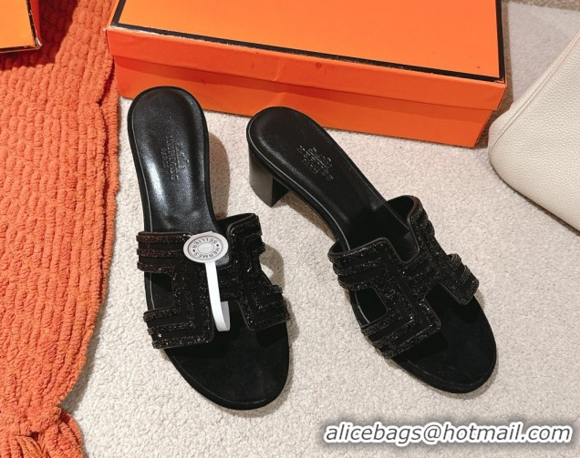 Top Design Hermes Classic Oasis Heel Slides Sandal 5cm in Suede and Strass All Black 0606189