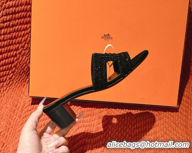 Top Design Hermes Classic Oasis Heel Slides Sandal 5cm in Suede and Strass All Black 0606189