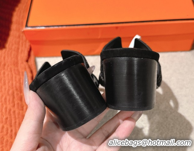 Top Design Hermes Classic Oasis Heel Slides Sandal 5cm in Suede and Strass All Black 0606189