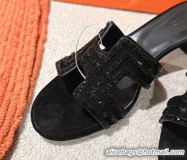 Top Design Hermes Classic Oasis Heel Slides Sandal 5cm in Suede and Strass All Black 0606189