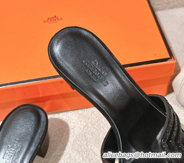 Top Design Hermes Classic Oasis Heel Slides Sandal 5cm in Suede and Strass All Black 0606189
