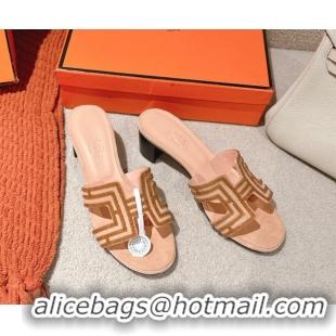 Shop Duplicate Hermes Classic Oasis Heel Slides Sandal 5cm in Suede and Strass Beige 0606190