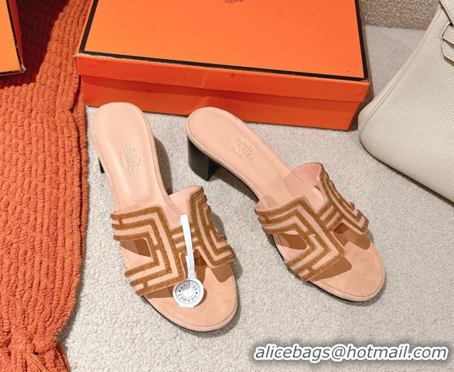 Shop Duplicate Hermes Classic Oasis Heel Slides Sandal 5cm in Suede and Strass Beige 0606190