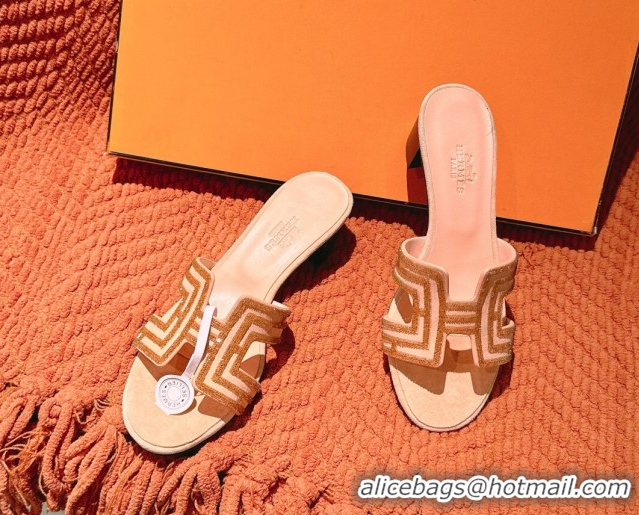 Shop Duplicate Hermes Classic Oasis Heel Slides Sandal 5cm in Suede and Strass Beige 0606190