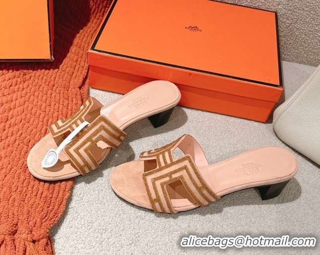 Shop Duplicate Hermes Classic Oasis Heel Slides Sandal 5cm in Suede and Strass Beige 0606190