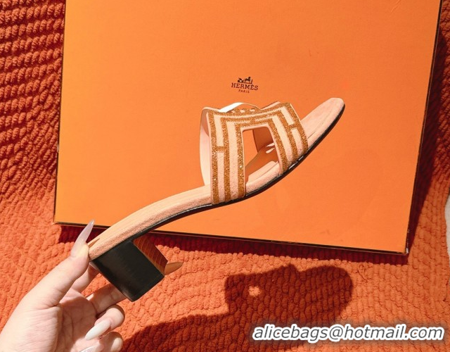 Shop Duplicate Hermes Classic Oasis Heel Slides Sandal 5cm in Suede and Strass Beige 0606190