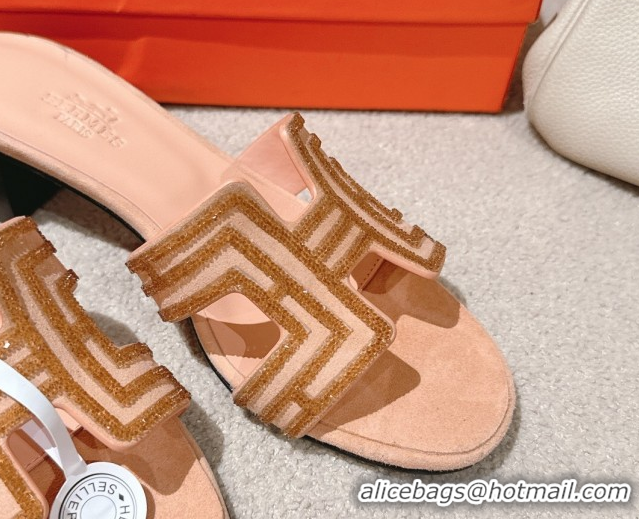 Shop Duplicate Hermes Classic Oasis Heel Slides Sandal 5cm in Suede and Strass Beige 0606190