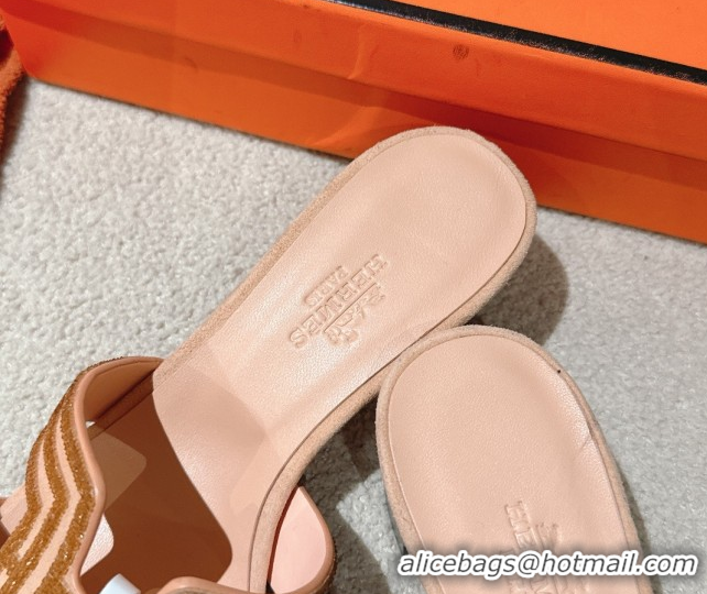 Shop Duplicate Hermes Classic Oasis Heel Slides Sandal 5cm in Suede and Strass Beige 0606190