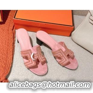 Unique Style Hermes Classic Oasis Heel Slides Sandal 5cm in Suede and Strass Light Pink 0606191