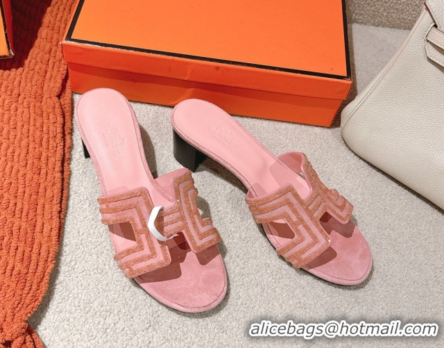 Unique Style Hermes Classic Oasis Heel Slides Sandal 5cm in Suede and Strass Light Pink 0606191