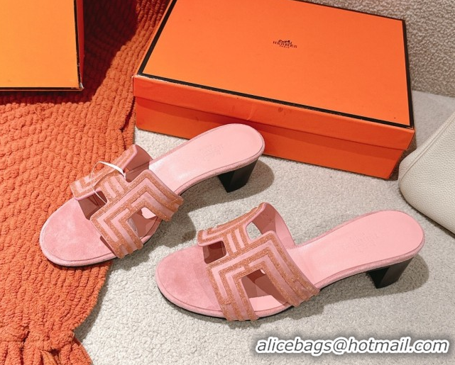 Unique Style Hermes Classic Oasis Heel Slides Sandal 5cm in Suede and Strass Light Pink 0606191