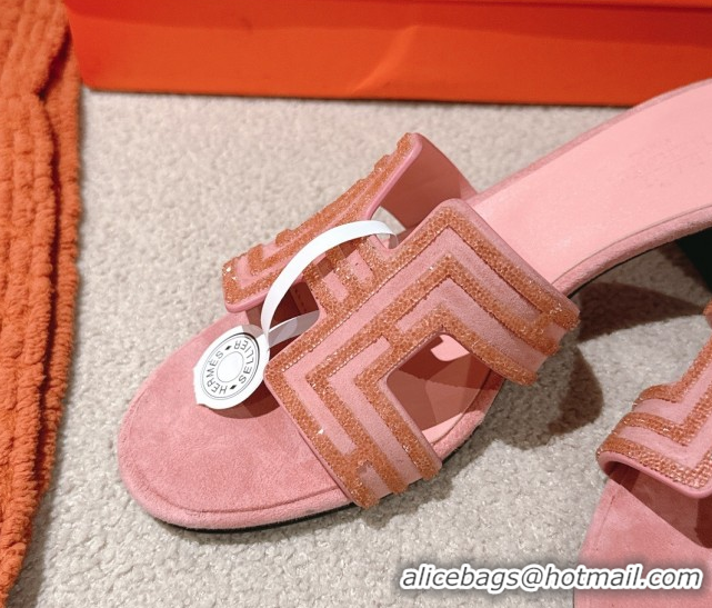 Unique Style Hermes Classic Oasis Heel Slides Sandal 5cm in Suede and Strass Light Pink 0606191