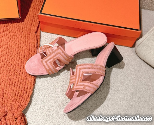 Unique Style Hermes Classic Oasis Heel Slides Sandal 5cm in Suede and Strass Light Pink 0606191